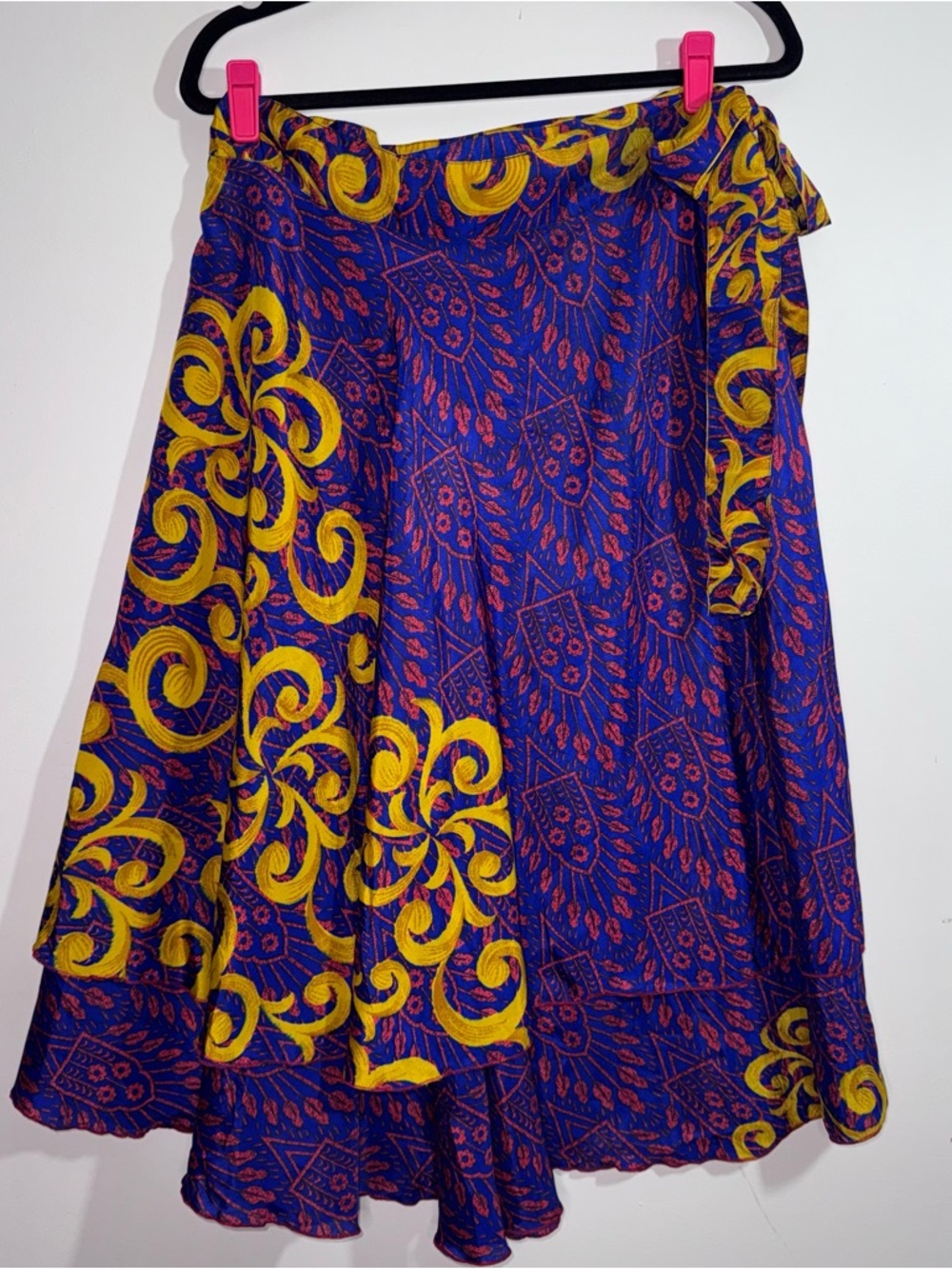 Jovani Designs Hawaii Blue Yellow Silk Wrap Skirt One Size Boho Midi
